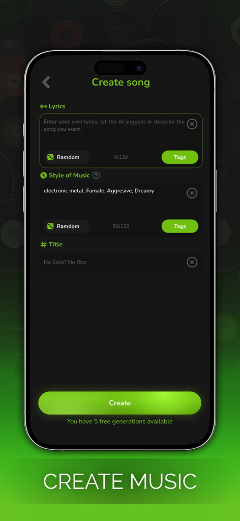 Smusi - AI Music Generator - A mobile app screen for creating AI music with lyrics and style settings