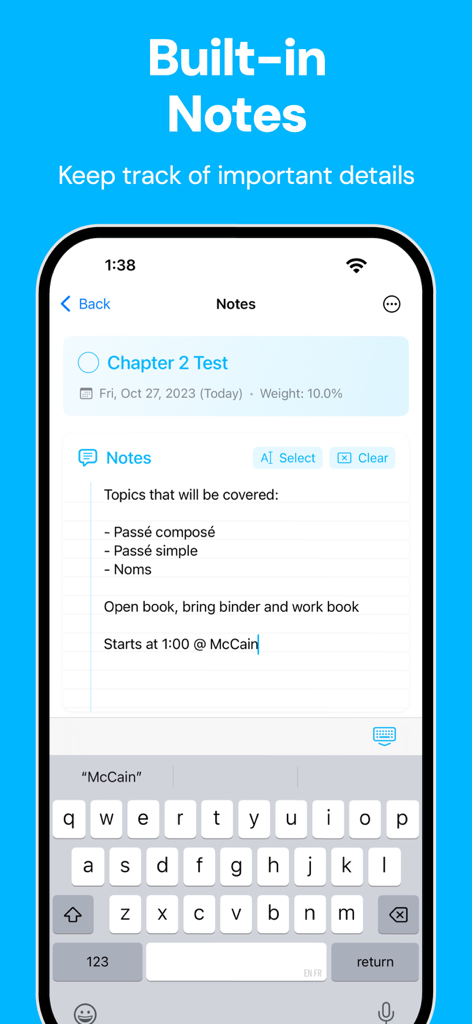 Fouro: Track Grades, GPA - Screenshot of the Fouro app showing the built-in notes feature for tracking exam topics and study details.