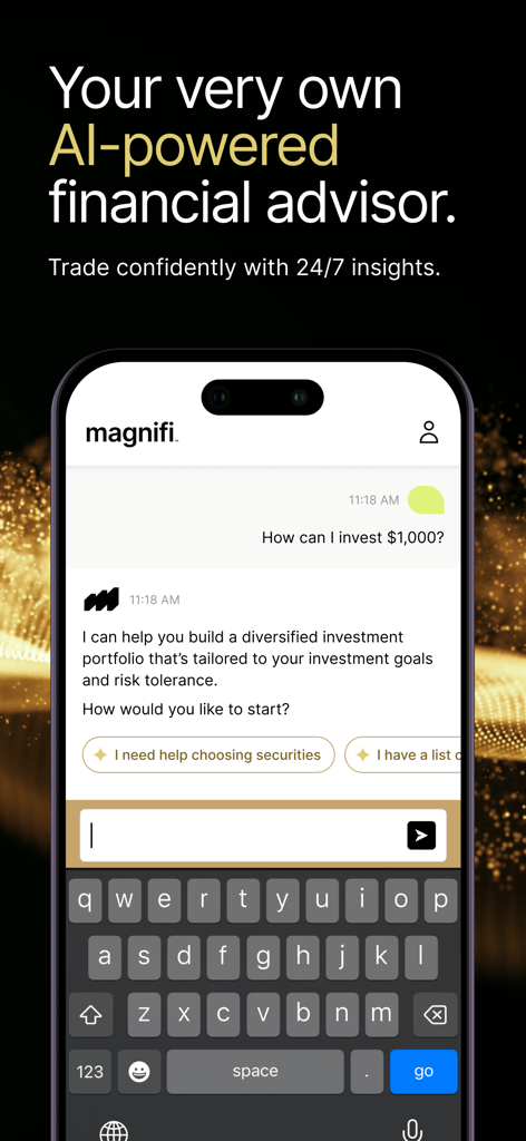 Magnifi app displaying a conversational AI financial advisor assisting with investment goals