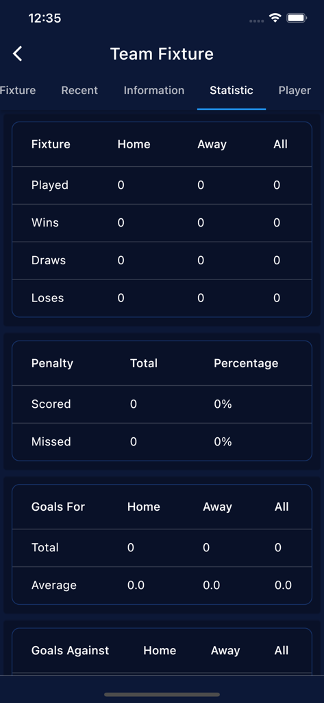 OneFootball Live Matches - Soccer team fixture statistics screen showing match results goals and penalties