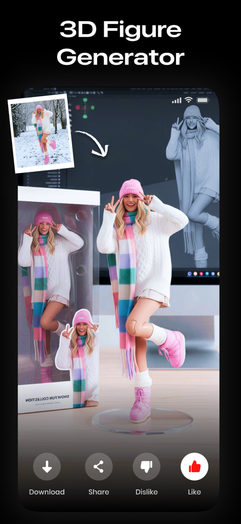 AI Photo Video Editor, Enhance - A 3D figure generator feature in an AI photo editor app transforming a selfie into a stylized 3D doll.