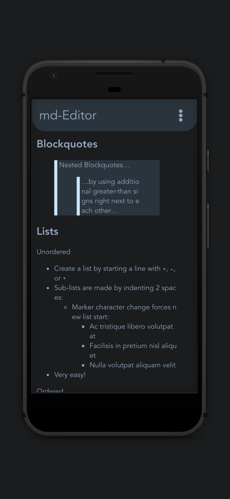 A mobile interface of the Markdown Editor and Reader app showing formatted blockquotes and nested unordered lists in dark mode.