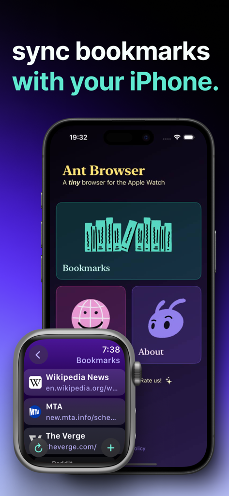 Ant Browserのインターフェースが、iPhoneとApple Watch画面間で同期されたブックマーク付きウェブサイトを表示しています。
