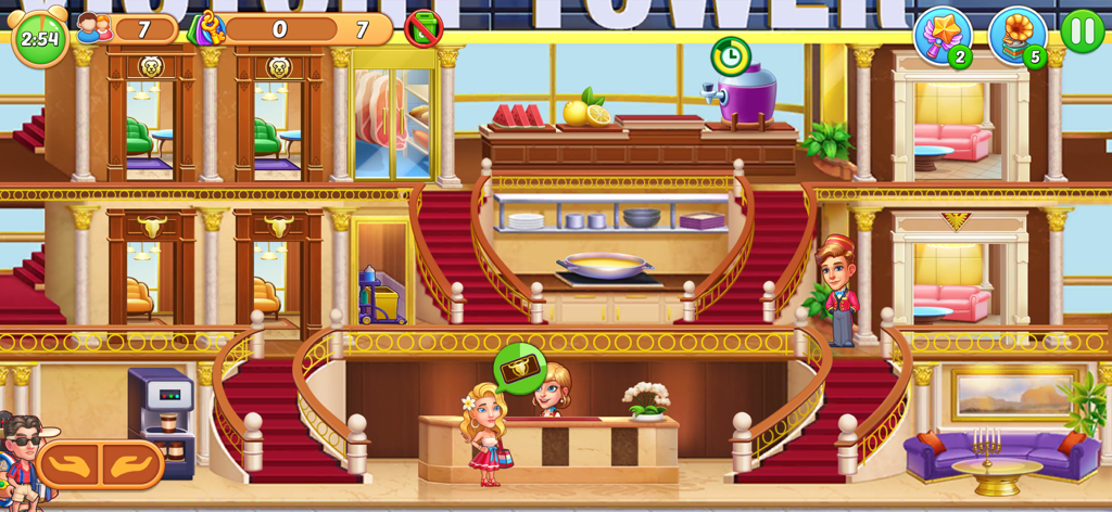 Una escena de vestíbulo de hotel de lujo en My Hotel Grand Guest Mania mostrando huéspedes y personal