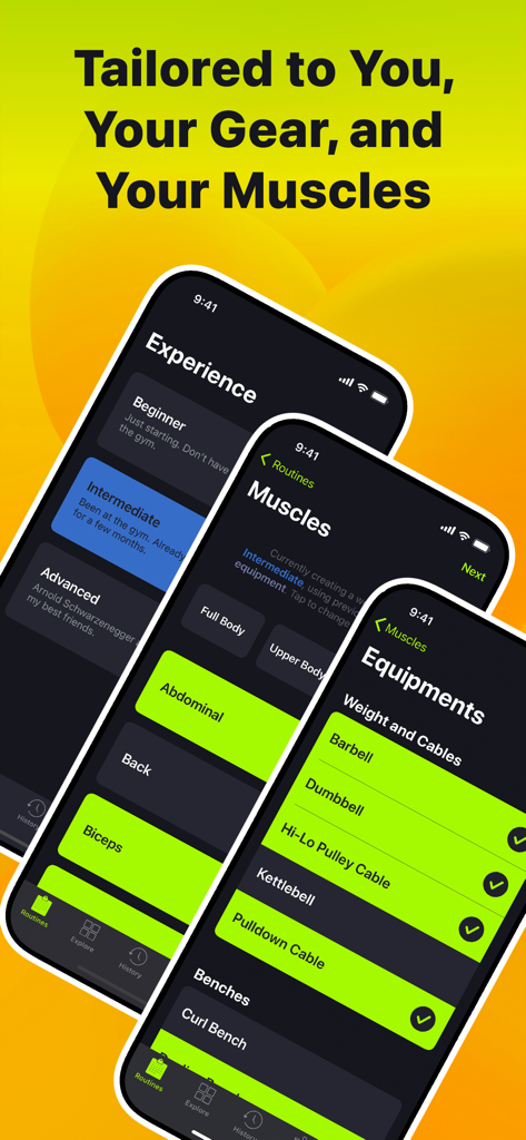 SmartGym app screens showing customization options for experience level muscle groups and gym equipment
