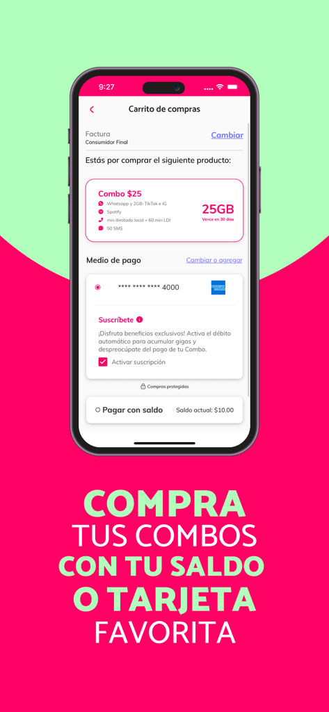 Pantalla del carrito de compras de la App Tuenti mostrando la compra de un combo de datos móviles y las opciones de pago