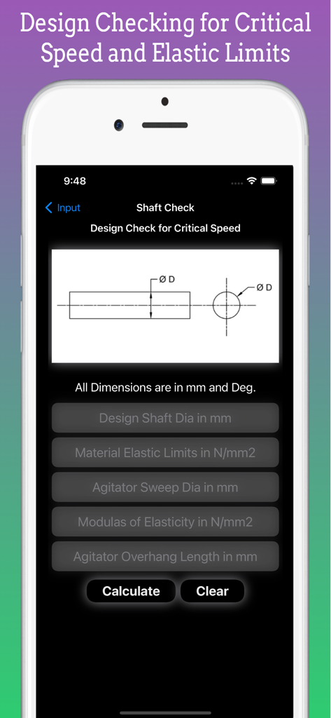Agitator Design Pro - Interface of Agitator Design Pro app for checking shaft critical speed and elastic limits
