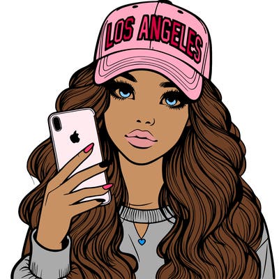 realistic beautiful girl wearing los ángeles cap holding an iphone