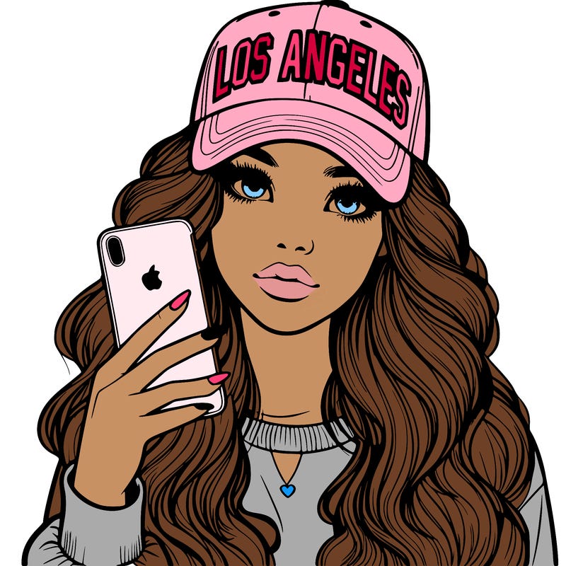 realistic beautiful girl wearing los ángeles cap holding an iphone