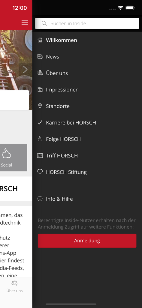 Inside HORSCH - Seitenleisten-Navigationsmenü der Inside HORSCH Mobile App mit Kategorien wie Nachrichten, Karrieren und Standorte