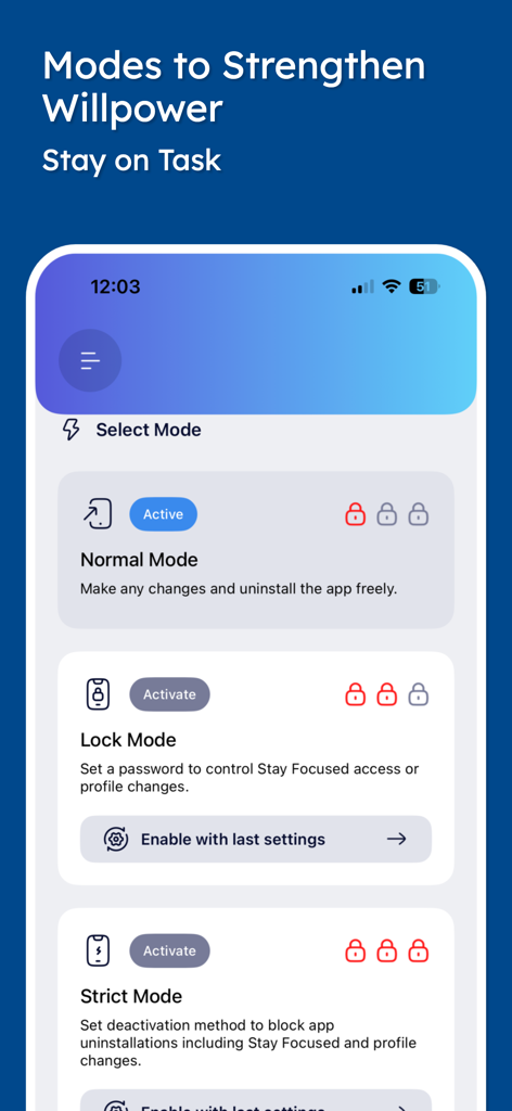 Stay Focused App/Site Blocker - Interfaz de la aplicación Stay Focused mostrando los modos de bloqueo normal y estricto para ayudar a los usuarios a mantenerse concentrados