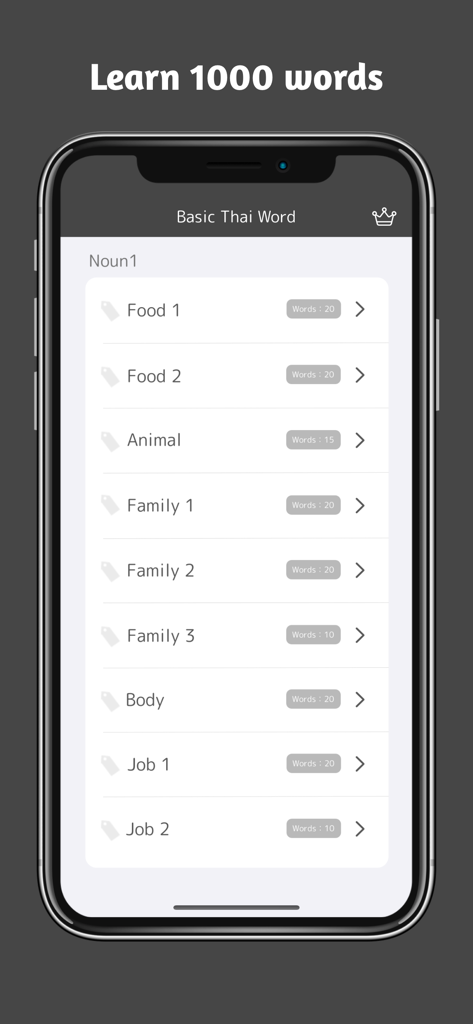 Basic Thai Word app interface displaying noun categories for language learners