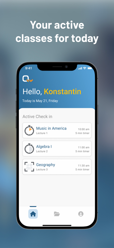 Qwickly Attendance - Qwickly 출석 앱에서 활성 대학 강의를 보여주는 스마트폰 화면