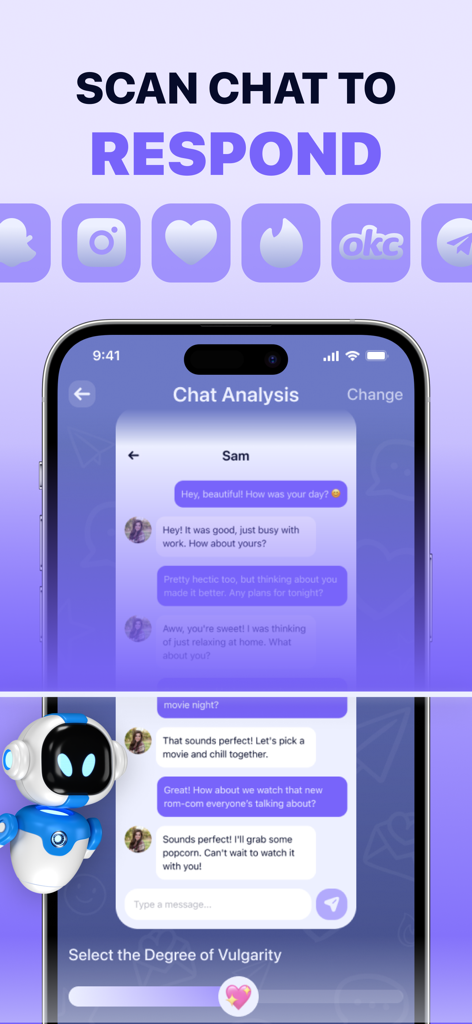 AI Flirt Text Assistant App - A mobile interface showing the AI dating assistant scanning a chat to provide suggested responses for apps like Tinder and Instagram.