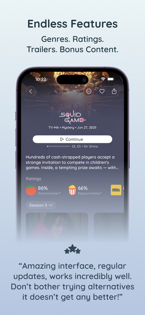 Chillio IPTV Smart Player Pro - Interface do aplicativo Chillio IPTV Smart Player Pro mostrando classificações de filmes e detalhes de Squid Game.