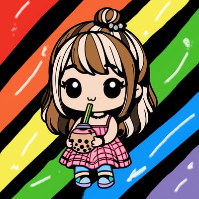 cute realistic little girl wearing a dress that is drinking boba