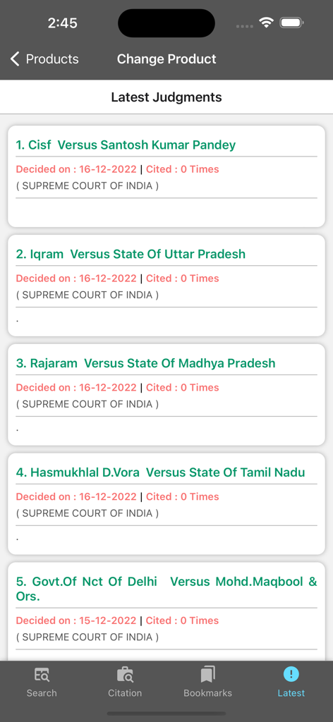 Aijel Hyperlink - A screen showing the latest judgments from the Supreme Court of India within the Aijel Hyperlink app.