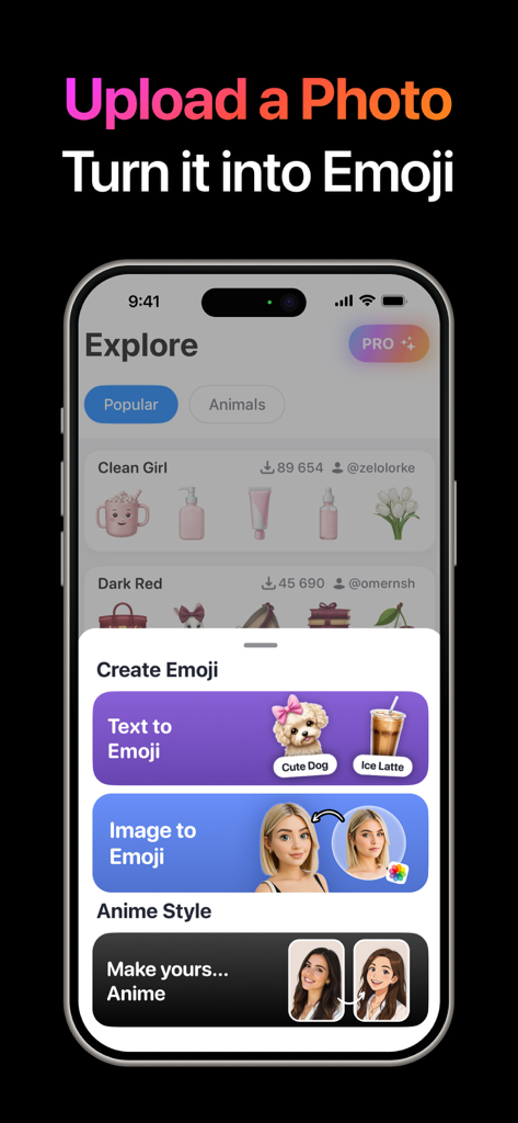 Pantalla de la aplicación móvil que muestra herramientas de creación de emojis para la conversión de texto a emoji y foto a emoji.