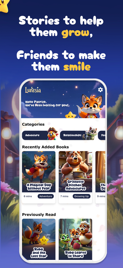 Interfaz de la aplicación Lunesia que muestra libros de cuentos personalizados y amigables personajes animales para niños.