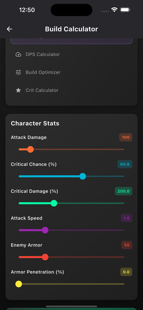senXit Micro - Una pantalla de calculadora de construcción para optimizar las estadísticas de los personajes de juegos móviles con deslizadores ajustables para daño de ataque y probabilidad de crítico.