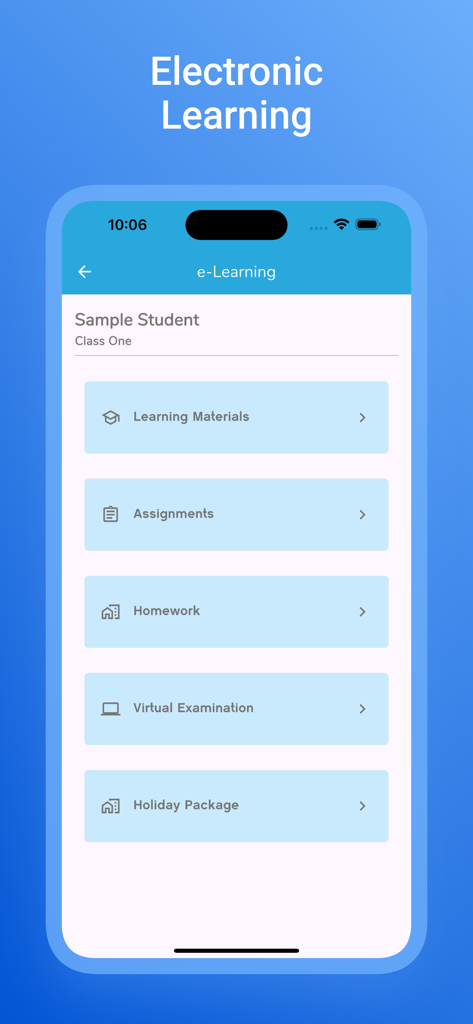 Baobab Schools - Écran montrant les options d'apprentissage électronique, y compris les devoirs et les travaux à la maison dans l'application Baobab Schools