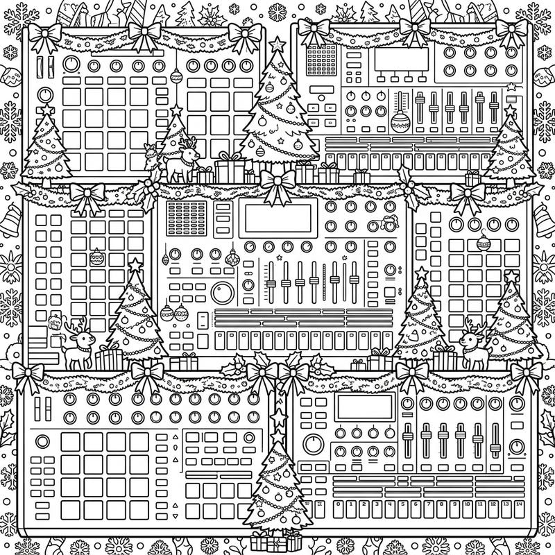 Dive into a unique holiday blend with our Groovebox Christmas coloring page, featuring intricate electronic instruments decked out in festive cheer. Perfect for adults and teens who love music and the magic of Christmas.