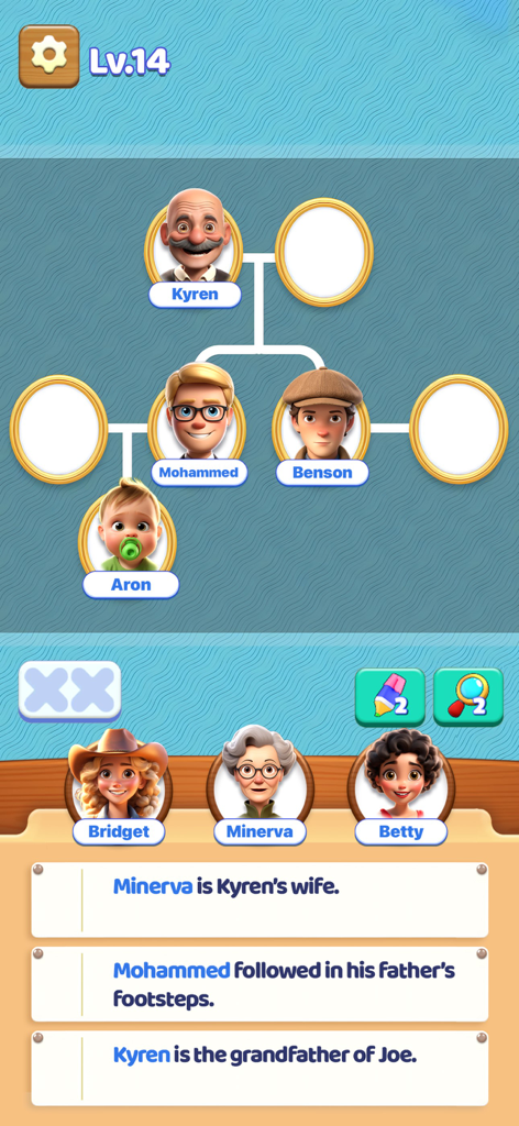 Arrange It! - Logic Puzzle - A family tree logic puzzle level in the Arrange It game featuring character icons and written clues.