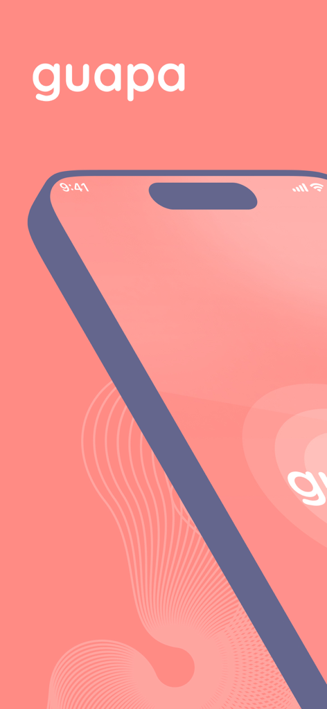 Guapa - Pantalla de inicio de la aplicación Guapa con el logo de la marca y una ilustración estilizada de un smartphone sobre un fondo coral.