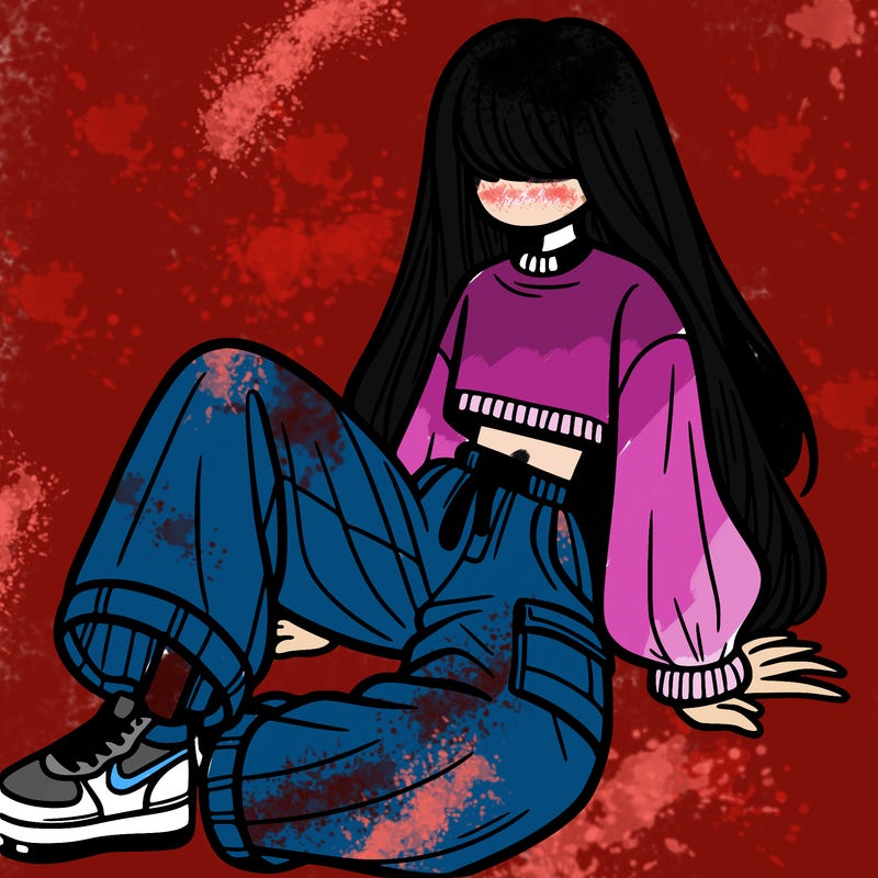 a girl with baggy pants and a crop top with long hair