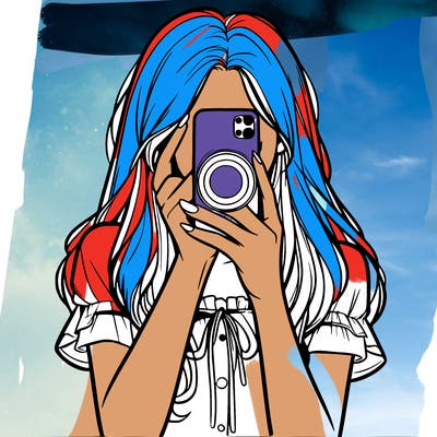 a realistic girl holding her phone taking pictures