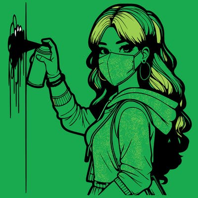 realistic girl with mask spray painting a wall