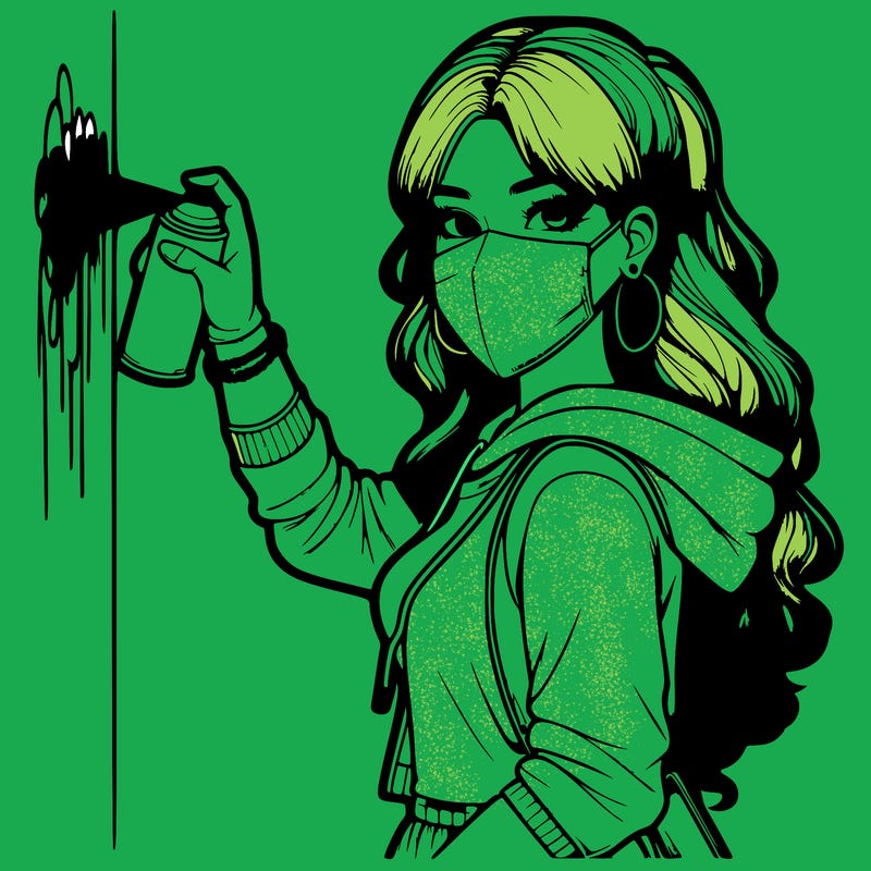 realistic girl with mask spray painting a wall