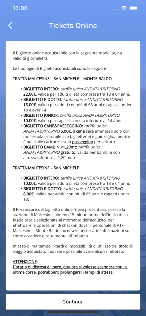 Online-Ticketpreise und Informationen für die Monte-Baldo-Seilbahn.