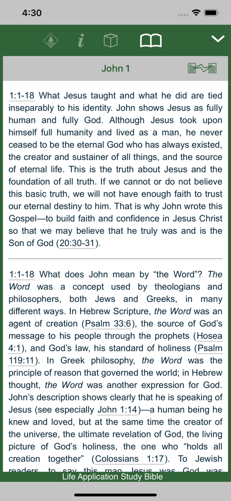 Detailed Bible study notes for John 1 within the Life Application Study Bible app interface