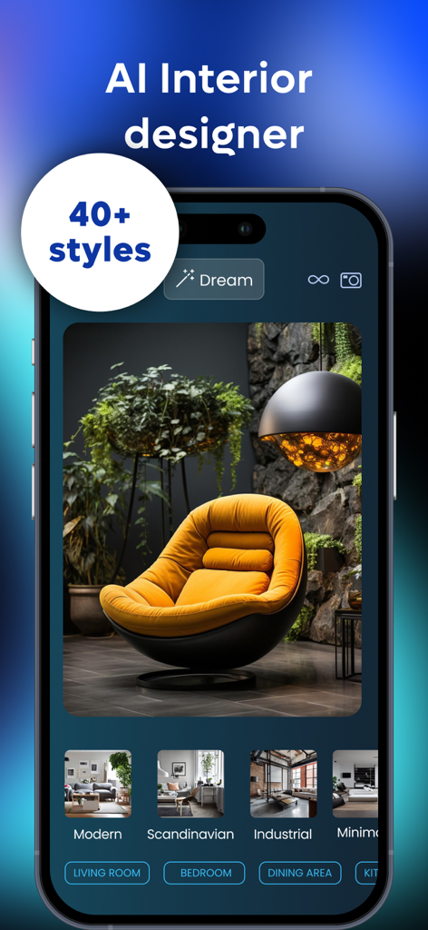 MyRoom AI - Interior Design - MyRoom AI interior design app interface with over 40 styles and a modern room visualization