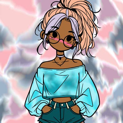 girl with a messy ponytail glasses a baggy crop top and jean shorts