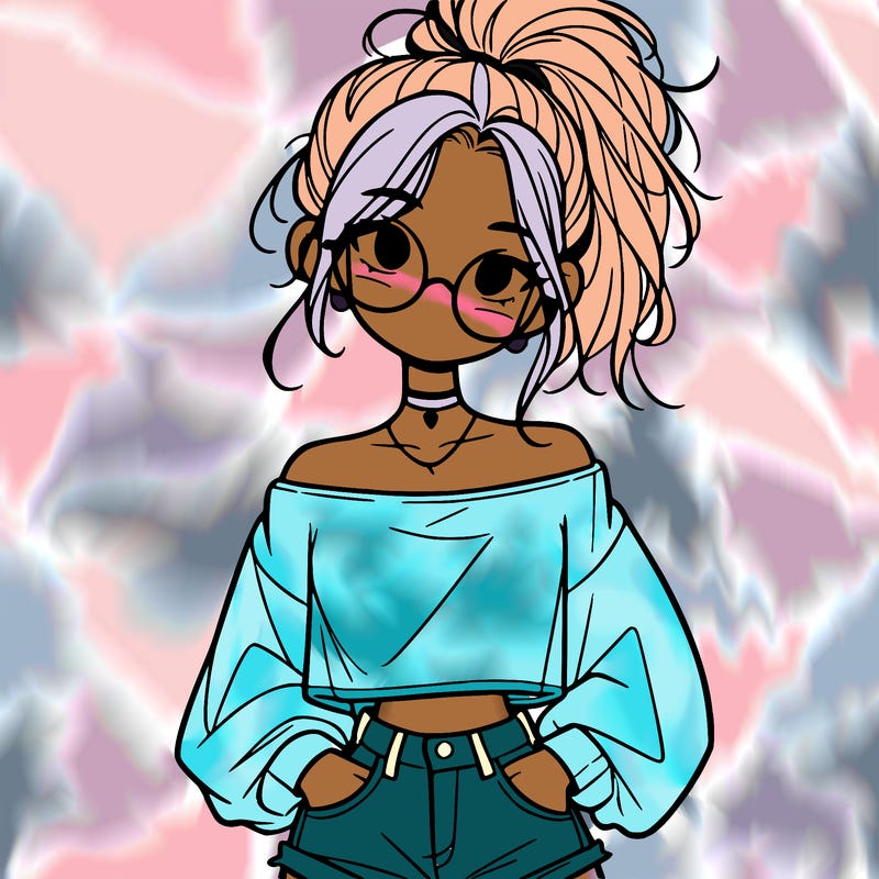 girl with a messy ponytail glasses a baggy crop top and jean shorts