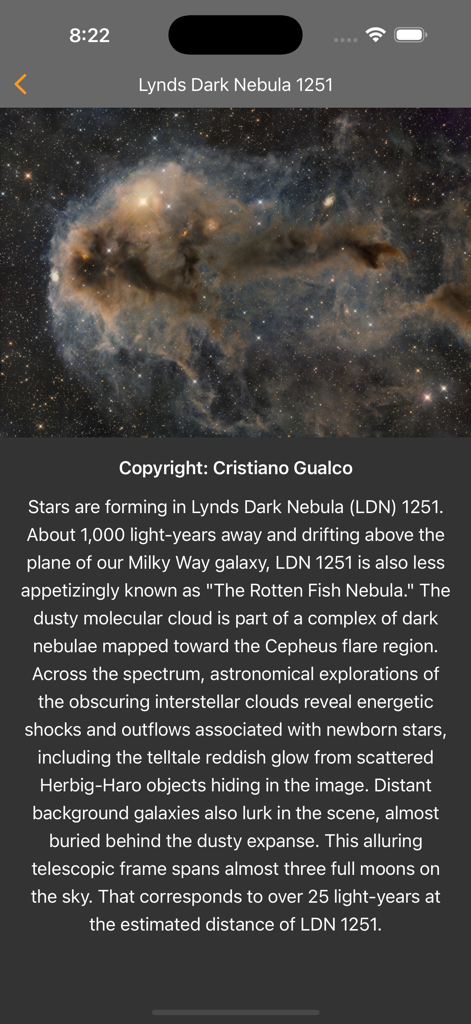 Light Pollution Map - Dark Sky - Astronomy photo of the day showing Lynds Dark Nebula 1251 within the app