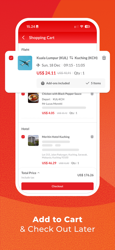 Airpaz: Flight & Hotel Booking - 決済準備が整ったフライトとホテルの予約が入ったショッピングカートを表示しているAirpazモバイルアプリのインターフェース。