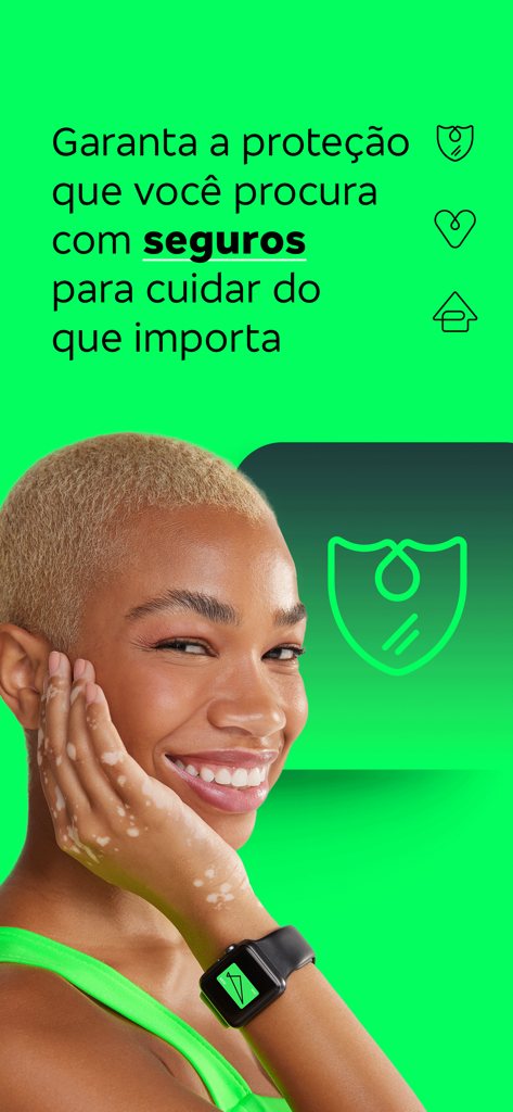 Tela de marketing do app next mostrando opções de seguros com uma mulher sorridente e ícones de segurança