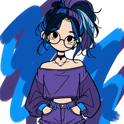 girl with a messy ponytail glasses a baggy crop top and jean shorts