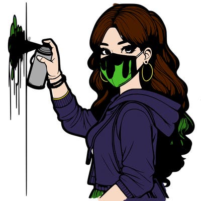 realistic girl with mask spray painting a wall