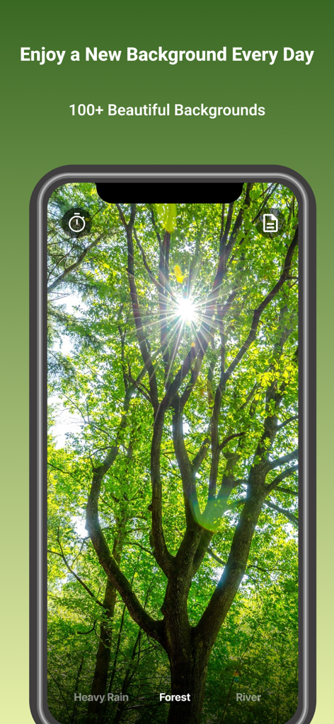 NatureVoice(BGM For Sleep) - NatureVoice app displaying a sunlit forest background with the caption Enjoy a New Background Every Day.
