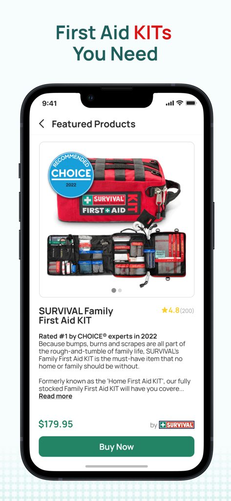 iFirstAid - A product page in the iFirstAid app featuring the Survival Family First Aid Kit