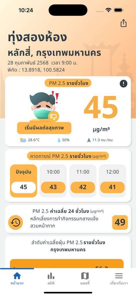 เช็คฝุ่น - Mobile app interface showing real-time PM 2.5 air pollution levels and hourly forecast