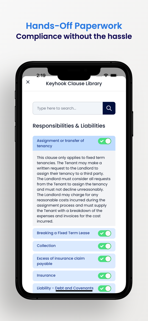 Keyhook - Keyhook app interface showing the legal clause library for managing property compliance and paperwork.