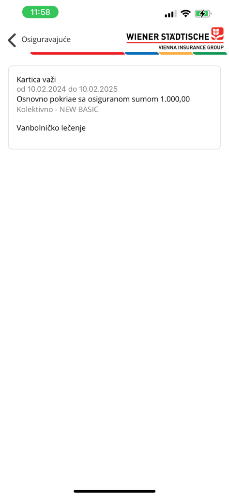 Wiener Zdravlje mobile app interface displaying health insurance policy validity and coverage information