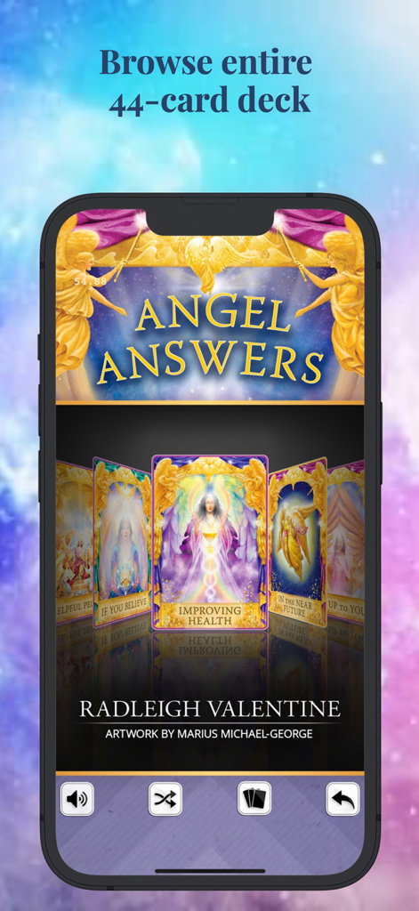 Angel Answers Oracle Cards - Smartphone screen showing the Angel Answers Oracle Cards app interface with several illustrated spiritual cards displayed on a carousel.