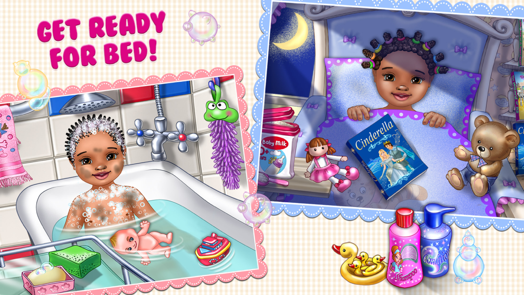 A baby taking a bath and lying in bed with a storybook in the Baby Dream House game.
