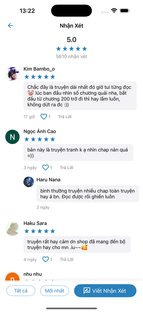 TYT - Truyện Full & Offline - Uma tela mostrando avaliações positivas de usuários e uma classificação de cinco estrelas para o aplicativo de leitura TYT